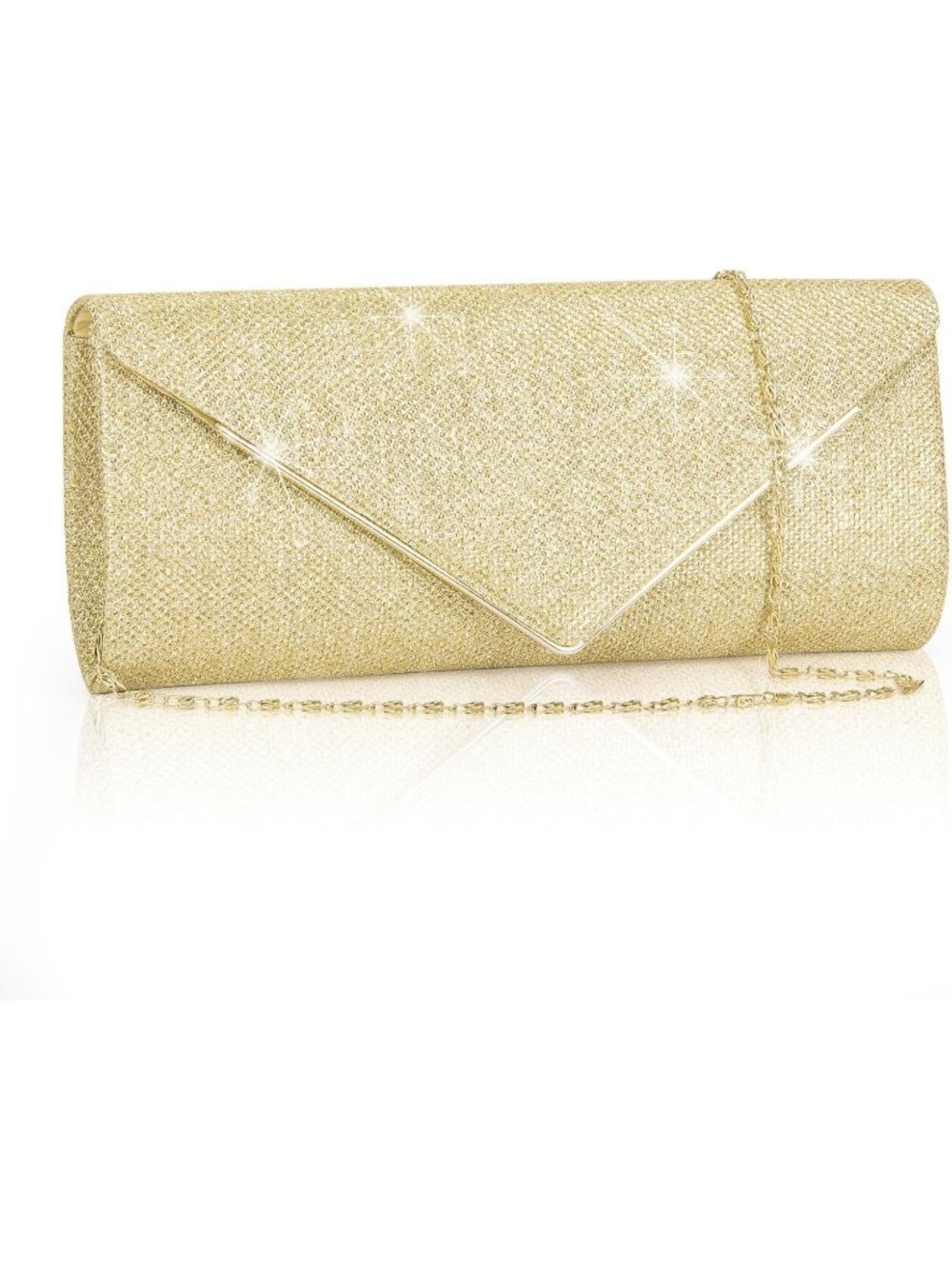 Womens Gold Sparkling Envelope Purse Detachable Chain Evening Bag